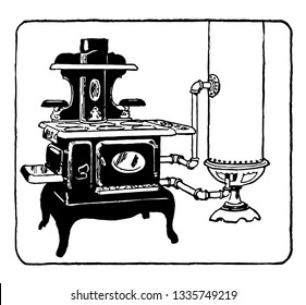 Coal Fuelled water heater and Stove uses coal as heating source to cook food and heat water through an outlet tube, vintage line drawing or engraving illustration.