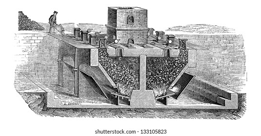 Coal Gasification By Siemens, Vintage Engraved Illustration. Industrial Encyclopedia - E.O. Lami - 1875