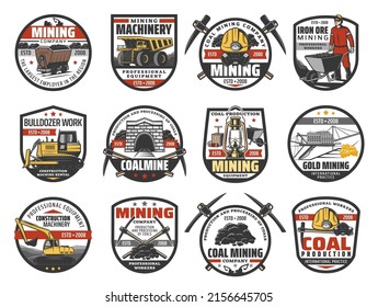 Coal and gold mining industry icon, coal mine machines and worker. Vector haul truck, miner with wheelbarrow and bulldozer, excavator, dump car and mine reclaimer, coalmine tunnel, pickaxe and lantern