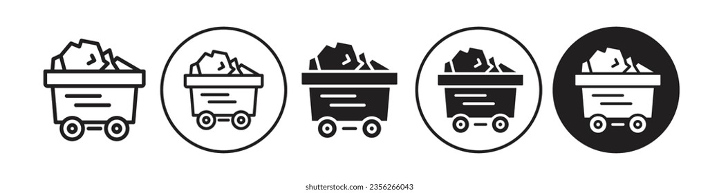 Coal icon. Industrial charcoal or fossil fuel mining symbol. Trolley with natural metal to produce electricity power generation vector set. Flat outline of Mine wagon raw material rock stone piece. 