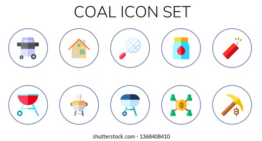 coal icon set. 10 flat coal icons.  Collection Of - grill, fireplace, bbq grill, charcoal, mining, dynamite