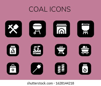 coal icon set. 12 filled coal icons.  Simple modern icons such as: Mine, Coal, Charcoal, Industry, Marshmallow, Fireplace, Barbecue