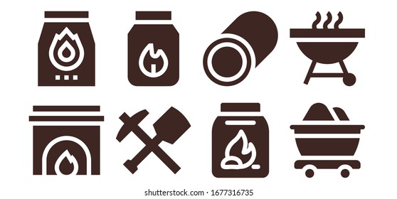 conjunto de iconos de carbón. 8 iconos llenos de carbón. Los iconos de la chimenea, el carbón vegetal, el carbón, el carbón, el carbón, el malvavisco, la barbacoa incluidos
