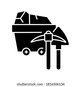 Die Kohleindustrie hat eine schwarze Glyphe. Nutzung natürlicher Ressourcen, Silhouette-Symbol für den Abbau fossiler Brennstoffe auf weißem Raum. Kohlebergbau, Trolley mit Kohle und Pickaxe, einzelne Vektorgrafik