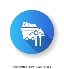 Coal industry blue flat design long shadow glyph icon. Natural resources exploitation, fossil fuel mining. Colliery equipment, trolley with coal and pickaxe silhouette RGB color illustration