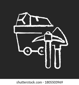 Coal industry chalk white icon on black background. Natural resources exploitation, fossil fuel mining. Colliery equipment, trolley with coal and pickaxe isolated vector chalkboard illustration