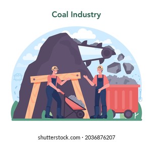 Coal industry concept. Mineral and natural resources extraction. Mining and industrial exploration of crude coal. Modern technology for power generation. Vector illustration