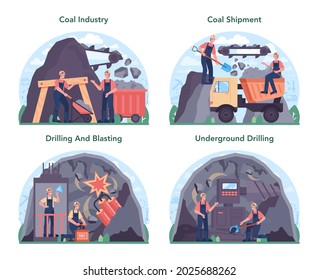 Coal industry concept set. Mineral and natural resources extraction. Mining and industrial exploration of crude coal. Modern technology for power generation. Vector illustration
