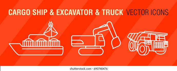 Coal Industry: excavator, coal barge and mining truck. Vector illustration.