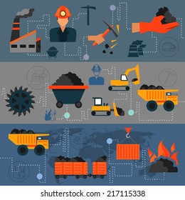 Coal industry factory transportation line banners set isolated vector illustration.