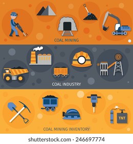 Coal industry horizontal banners set with mining inventory elements isolated vector illustration