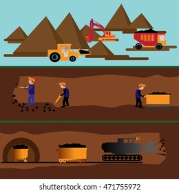 Coal industry horizontal banners set with mining inventory elements isolated vector illustration.  Miner in a mine produces breed. 