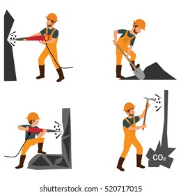 Coal Industry Horizontal Banners Set With Mining Inventory Elements Isolated Vector Illustration. Miner In A Mine Produces Breed.