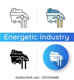 Coal industry icon. Linear black and RGB color styles. Natural resources exploitation, fossil fuel mining. Colliery equipment, trolley with coal and pickaxe isolated vector illustrations