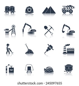 Coal industry icons black set with train truck factory isolated vector illustration