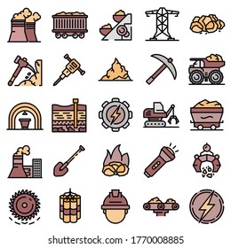 Coal industry icons set. Outline set of coal industry vector icons thin line color flat on white
