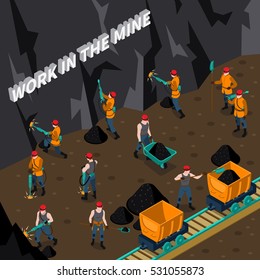 Coal industry isometric composition with miner people working in mine vector illustration 