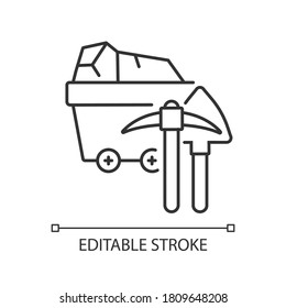 Lineares Symbol für die Kohleindustrie. Nutzung natürlicher Ressourcen, Abbau fossiler Brennstoffe dünne Linie anpassbare Illustration. Contour-Symbol. Kohleanlagen. Vektor-einzelne Rahmenzeichnung. Bearbeitbarer Hub