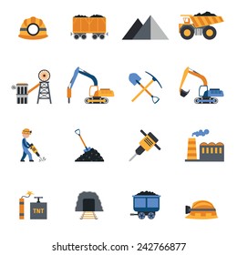 Coal industry metallurgy mine equipment and machinery icons set isolated vector illustration