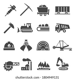 Coal industry, mine bold black silhouette icons set isolated on white. Excavator, hammer, pickaxe pictograms collection. Truckful, tunnel, trolley, dump truck vector elements for infographic, web.