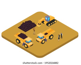 Coal Isometric Vector Concept. Mining Truck And Excavator At The Coal Mining Site