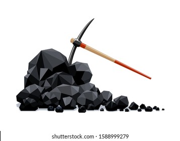Coal lumps and pickaxe. Firewood charcoal fossil mineral fuels pile, graphite material with mining tool vector illustration svg