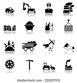 Coal machinery factory mining industry black icons set isolated vector illustration