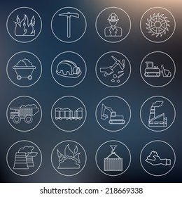 Coal machinery factory mining machinery outline icons set isolated vector illustration