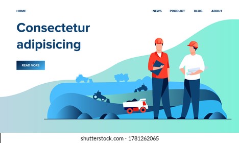 Coal mine engineers controlling heavy hydraulic machines in quarry. Men in hardhats holding pad and blueprints. Vector illustration for, industry, industrial equipment, job concept