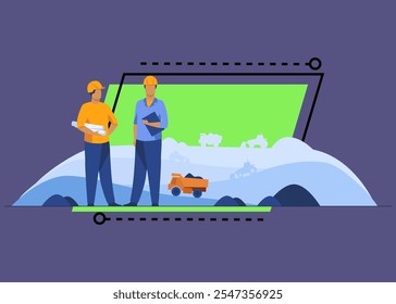 Engenheiros de minas de carvão controlando máquinas hidráulicas pesadas em pedreira. Homens com capacetes e plantas. Ilustração vetorial para, indústria, equipamento industrial, conceito de trabalho