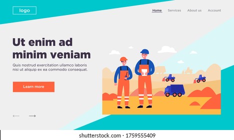 Coal mine engineers wearing protective uniforms, standing on construction site with heavy machines on background. Vector illustration for factory, industry, labor, blue collar concept