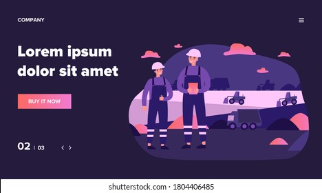 Ingenieros de minas de carbón vistiendo uniformes de protección, parados en el lugar de construcción con máquinas pesadas en el fondo. Ilustración de vectores para el concepto de fábrica, industria, trabajo, cuello azul