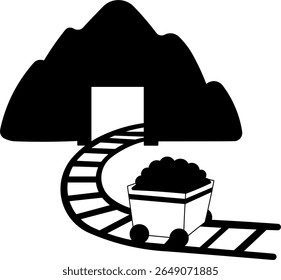 Coal Mine Entrance with Cart on Tracks Icon. A minimalist black and white icon depicting the entrance to a coal mine with a loaded cart on railway tracks leading out.