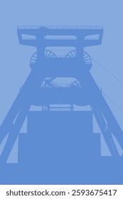 Coal mine headframe silhouette blue poster design. Industrial mining complex outline.