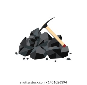 Coal mine icon with black mineral rock lump and pickaxe. Fuel mine industry resource and carbon energy mining tool and charcoal stone pile - flat isolated geometric vector illustration