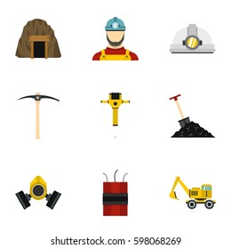 Coal mine icons set. Flat illustration of 9 coal mine vector icons for web