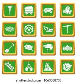 Coal mine icons set vector green square isolated on white background 