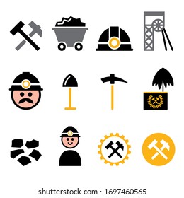 Coal mine and miner vector icons set - mining industry, coal production color design, Industry vector design set - coal, mine isolated on white

