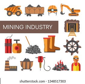 Coal mine mining industry equipment machinery and plant vector truck and cart helmet with lighter excavator and underground tunnel dynamite and boots miner and electric drill factory and raw material