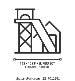 Coal mine pixel perfect linear icon. Lode of fossil fuel in earth. Extraction of rock and ore. Heavy industry. Thin line illustration. Contour symbol. Vector outline drawing. Editable stroke