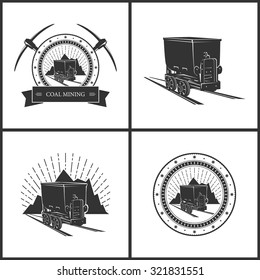 Coal Mine Trolley on a Background of Mountains and Sunburst Isolated on White, Set of  Vintage Emblem of the Coal Mining Industry,   Label or Badge Mine Shaft, Vector Illustration