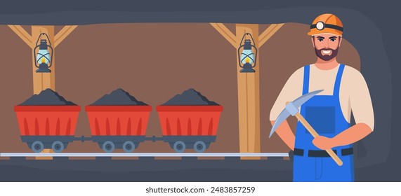 Coal mine tunnel. Trolley with coal in old mining cave interior. Miner man character, coal or minerals mining, Worker in uniform with pickaxe. Coal mine tunnel. Extraction Industry. Vector