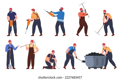 Coal mine with workers with tools extracting coal and natural minerals. Work in underground tunnels in difficult conditions. Vector illustration