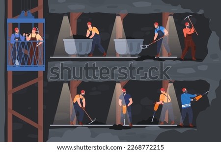 Coal mine with workers with tools extracting coal and natural minerals. Work in underground tunnels in difficult conditions. Vector illustration