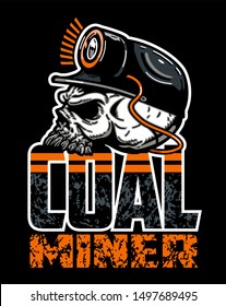 coal miner logo design with skull wearing hard hat and mining light