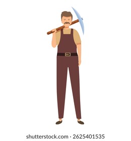 Coal miner is posing, holding a pickaxe over his shoulder