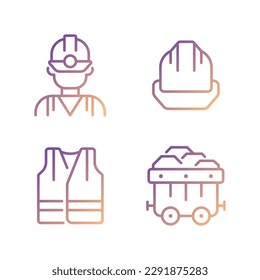 Coal miner protective equipment pixel perfect gradient linear vector icons set. Reflective vest and hardhat. Thin line contour symbol designs bundle. Isolated outline illustrations collection