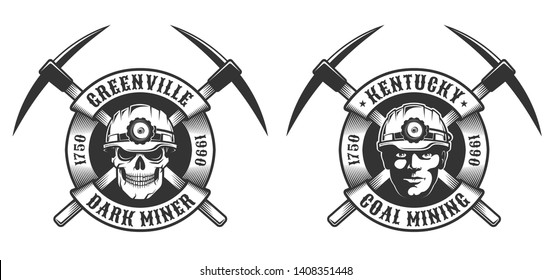 Coal miner vintage logo - crossed picks and circular ribbon. Skull in a mining helmet.