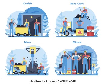 Coal or minerals mining concept set. Worker in uniform and helmet with pickaxe, jackhammer and wheelbarrow working underground. Extraction industry profession. Isolated flat vector illustration