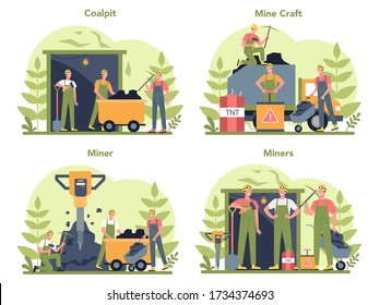 Konzeption des Kohle- oder Mineralienbergbaus. Arbeitnehmer in Uniform und Helm mit Pickaxe, Jackhammer und Rollkarren unter der Erde. Beruf der Förderindustrie. Isolierte flache Vektorgrafik